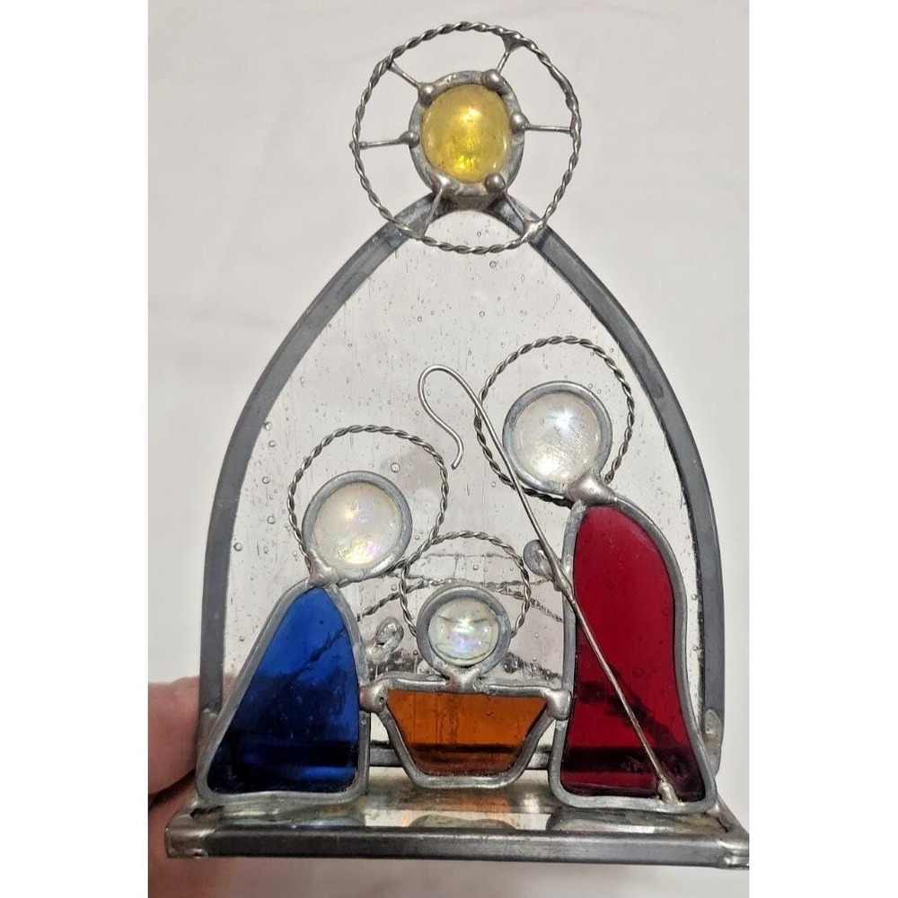 VTG Stained Glass Nativity Candle Holder 6" Holy Family Christmas Jesus Holiday